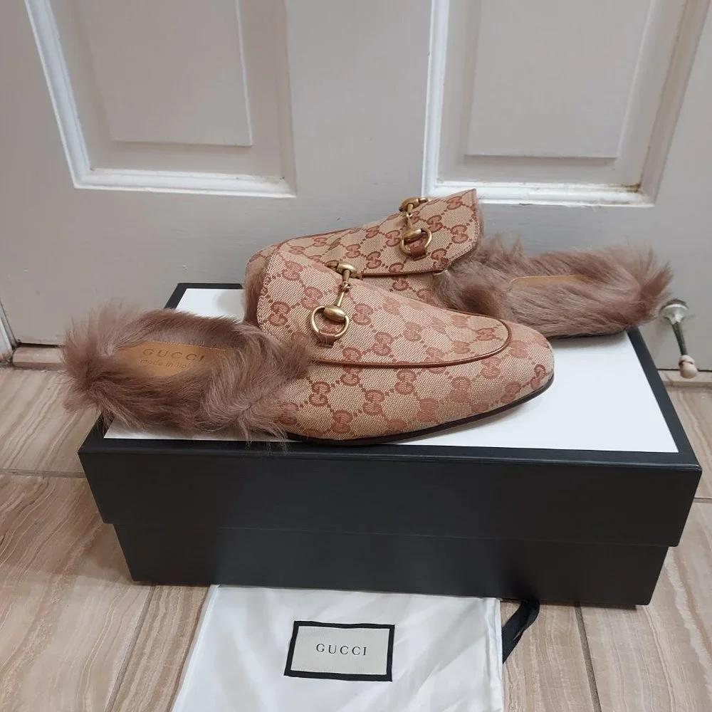 Gucci Beige GG Monogram Fur Princetown Mens Mules - Picture 8 of 10